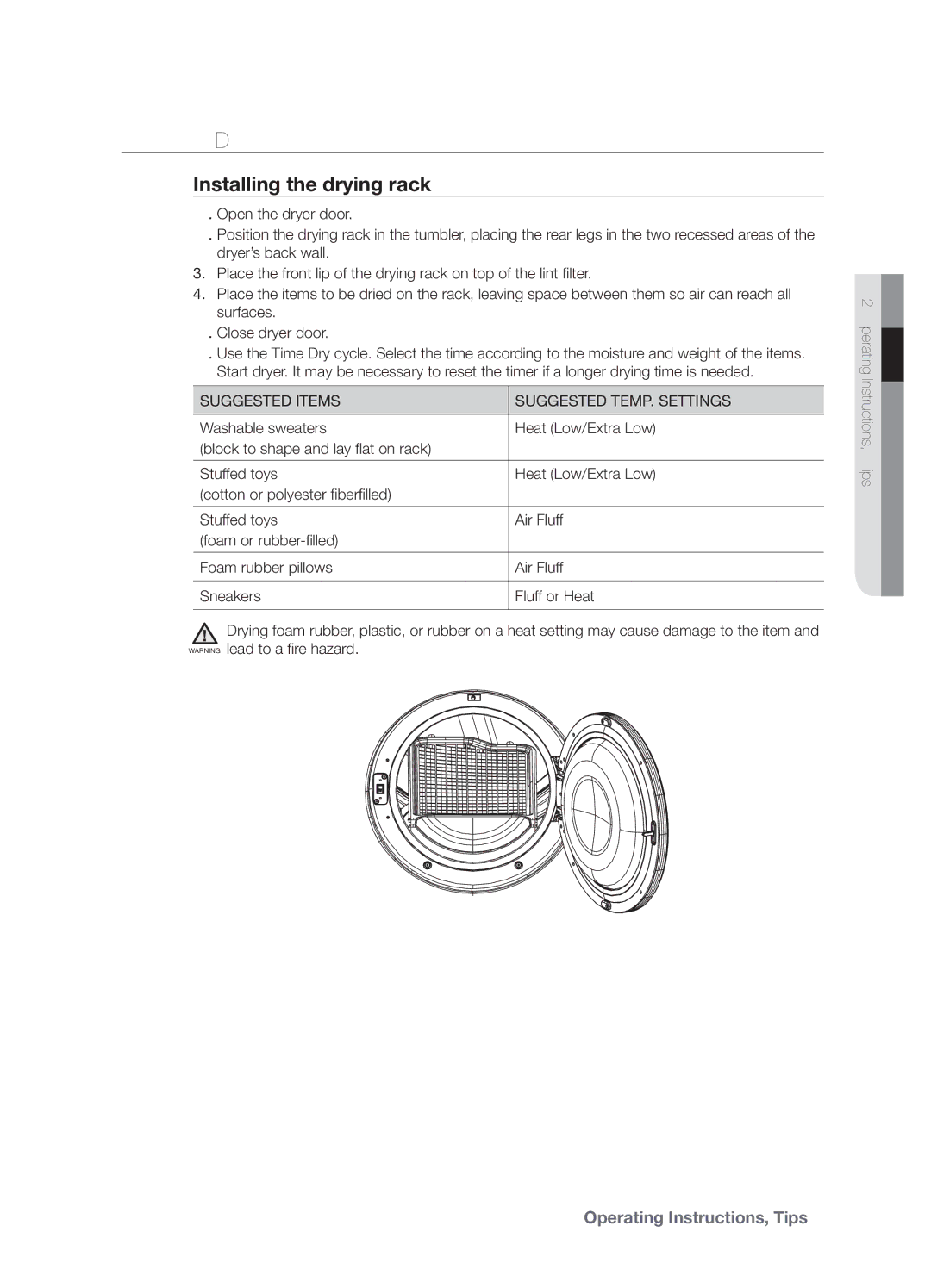 Samsung DV337AGG user manual Rack DRY, Installing the drying rack, Suggested Items Suggested TEMP. Settings 