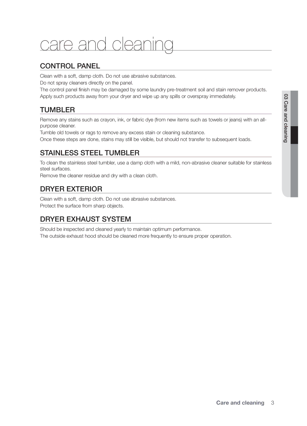 Samsung DV337AGG user manual Care and cleaning 