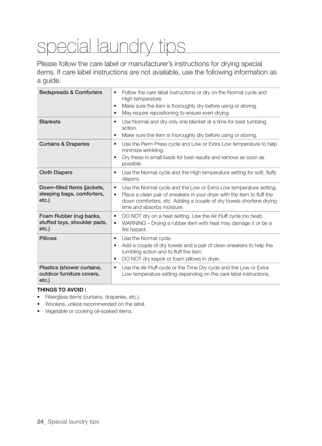 Samsung DV337AGG user manual Special laundry tips, Things to Avoid 