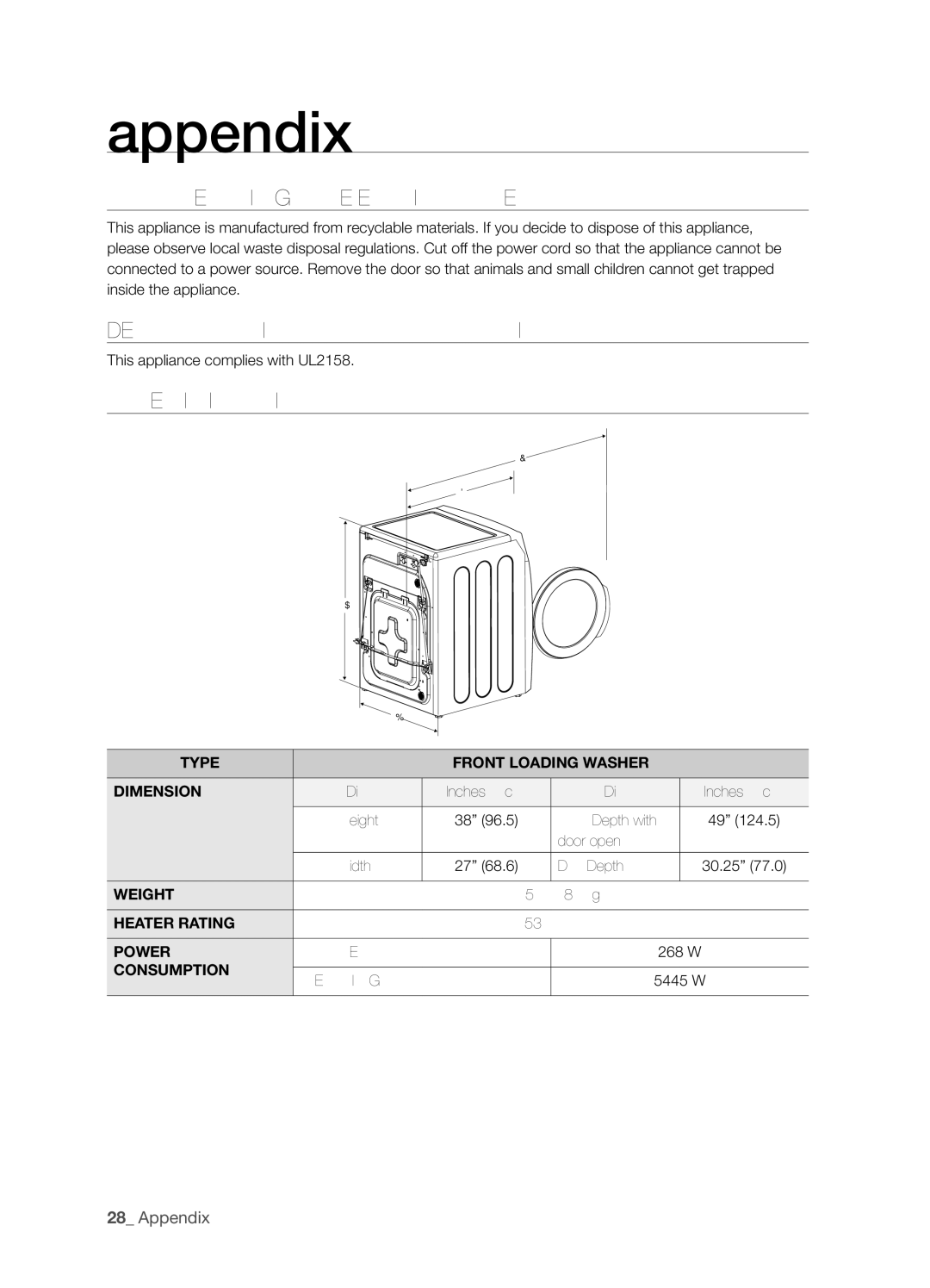 Samsung DV337AGG user manual Protecting the Environment, Declaration of Conformity, Specification 