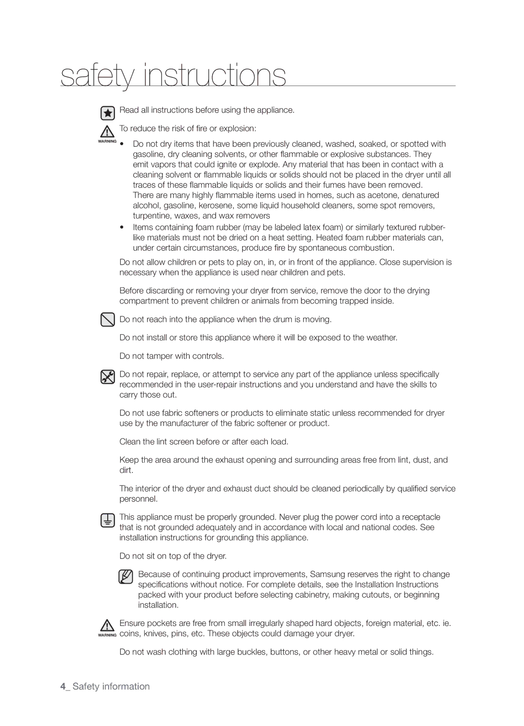 Samsung DV337AGG user manual Safety instructions 