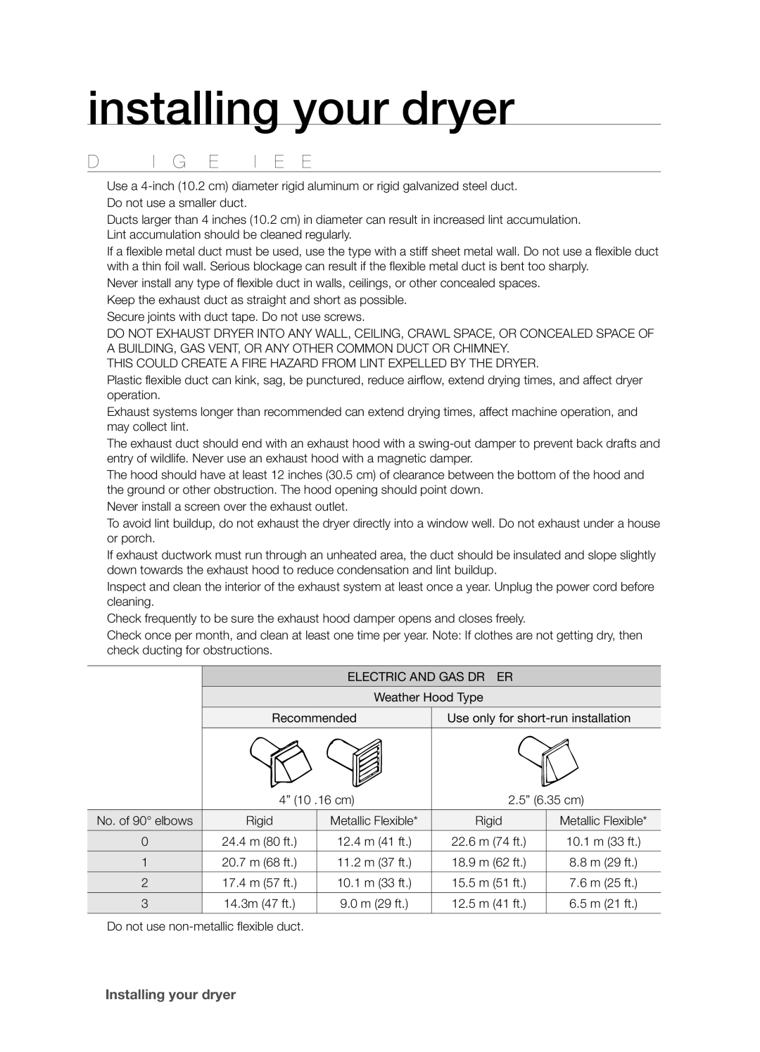 Samsung DV337AGG user manual Ducting Requirements, Electric and GAS Dryer, Weather Hood Type 