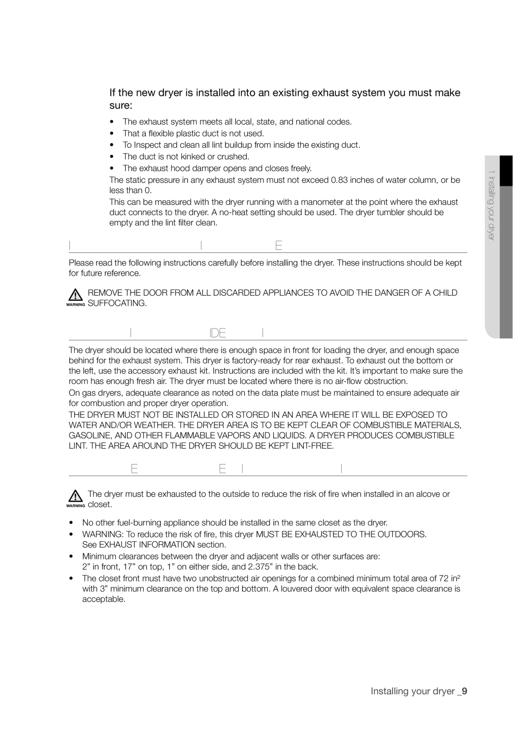 Samsung DV337AGG user manual Important to Installer, Location Considerations, Alcove or Closet Installation 