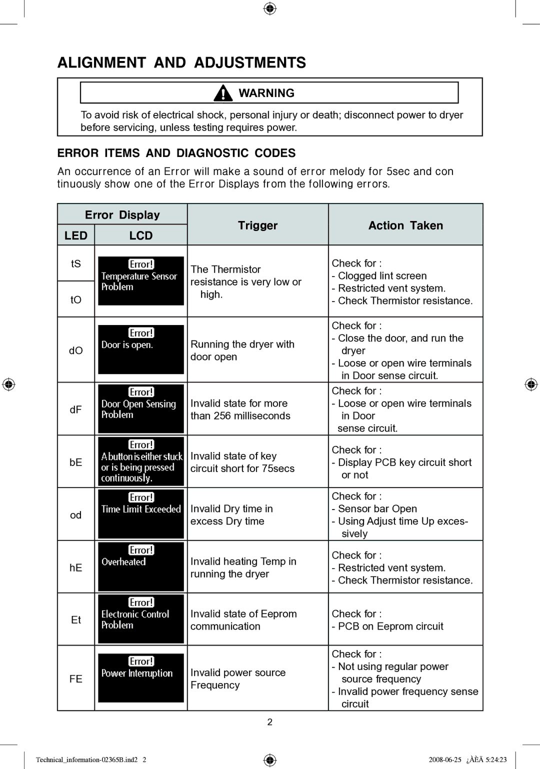 Samsung DV338 service manual Alignment and Adjustments 