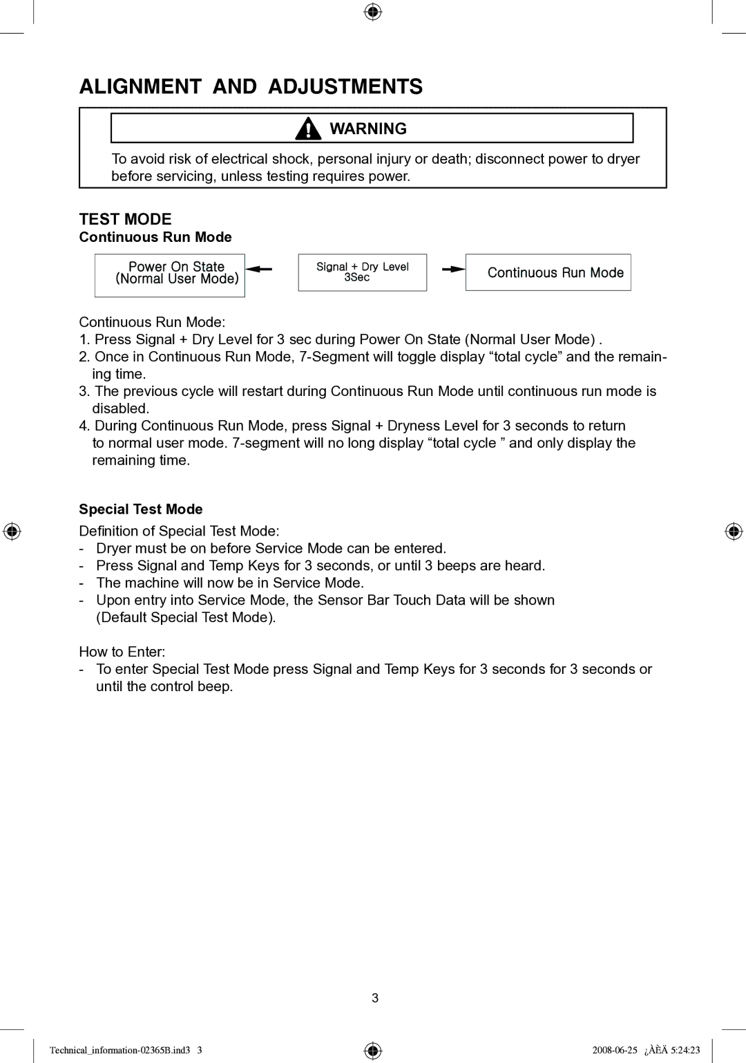 Samsung DV338 service manual Continuous Run Mode, Special Test Mode 