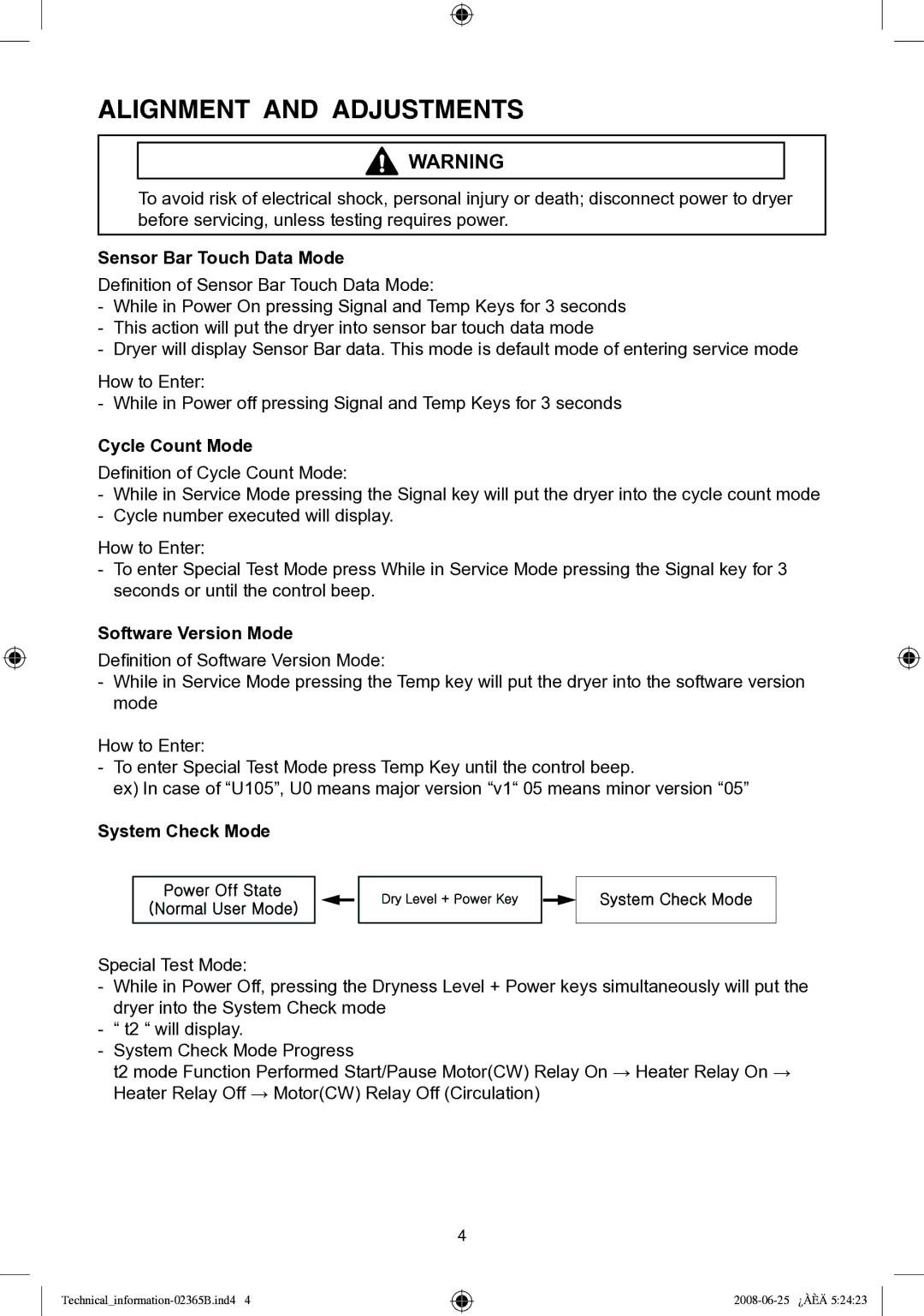 Samsung DV338 service manual Sensor Bar Touch Data Mode, Cycle Count Mode, Software Version Mode, System Check Mode 