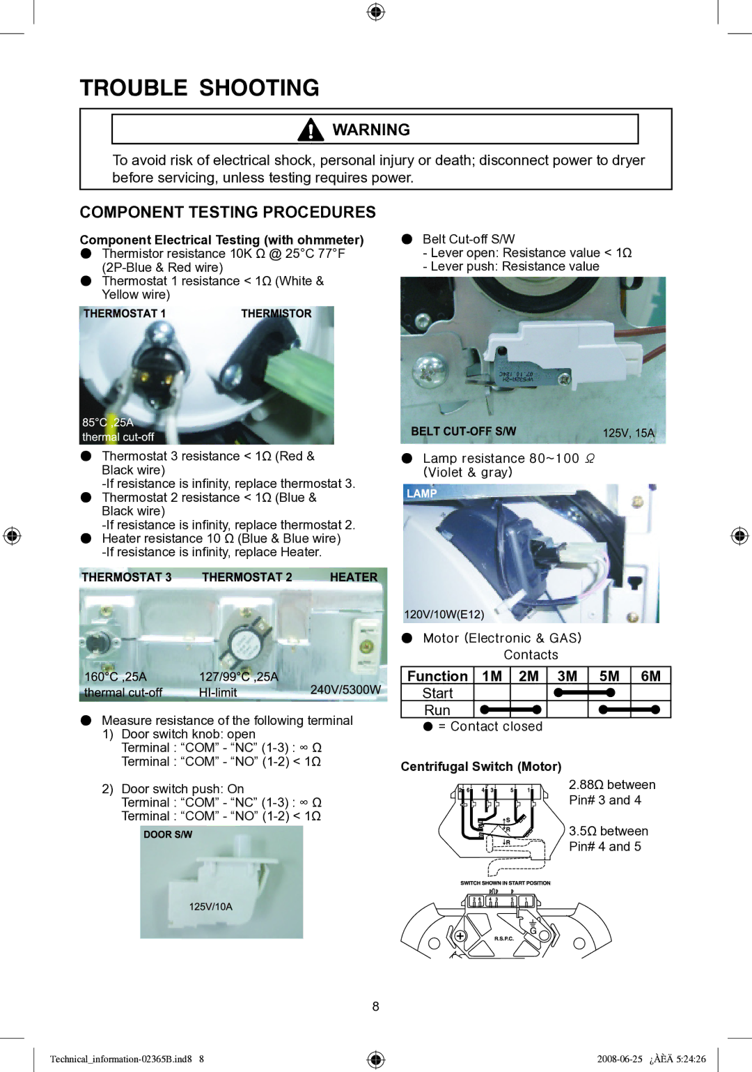 Samsung DV338 service manual Component Testing Procedures, Function 1M 2M 3M 5M 6M 