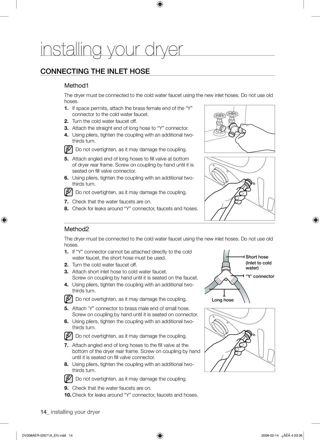 Samsung DV338AEW, DV338AGW user manual Connecting the Inlet Hose, Method1 