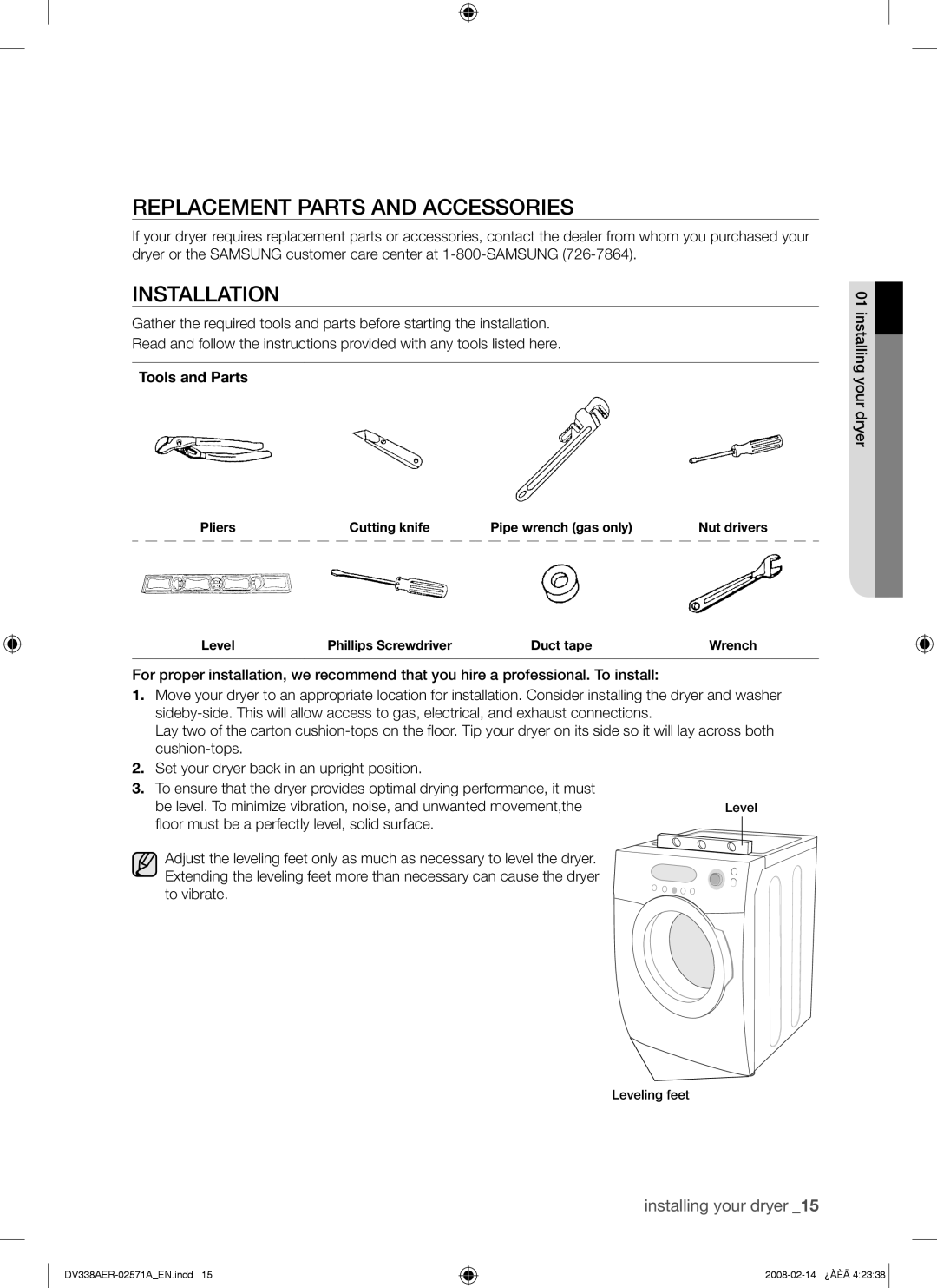 Samsung DV338AGW, DV338AEW user manual Replacement Parts and Accessories, Installation, Tools and Parts 