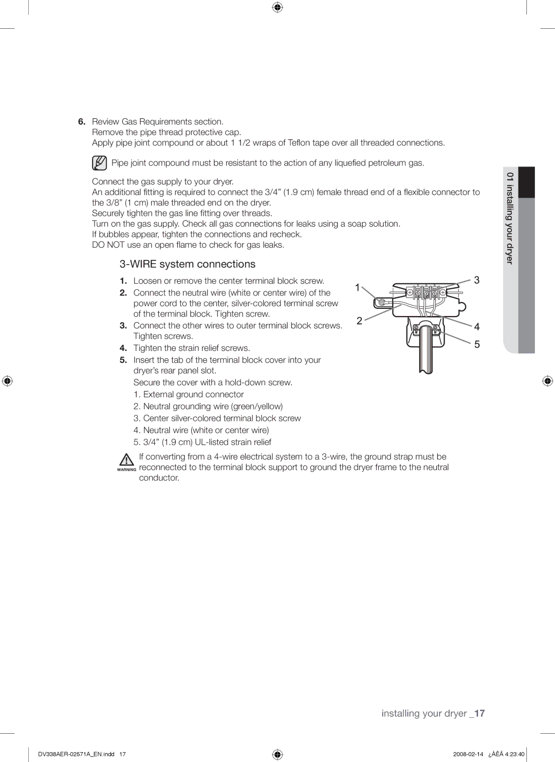 Samsung DV338AGW, DV338AEW user manual Wire system connections 