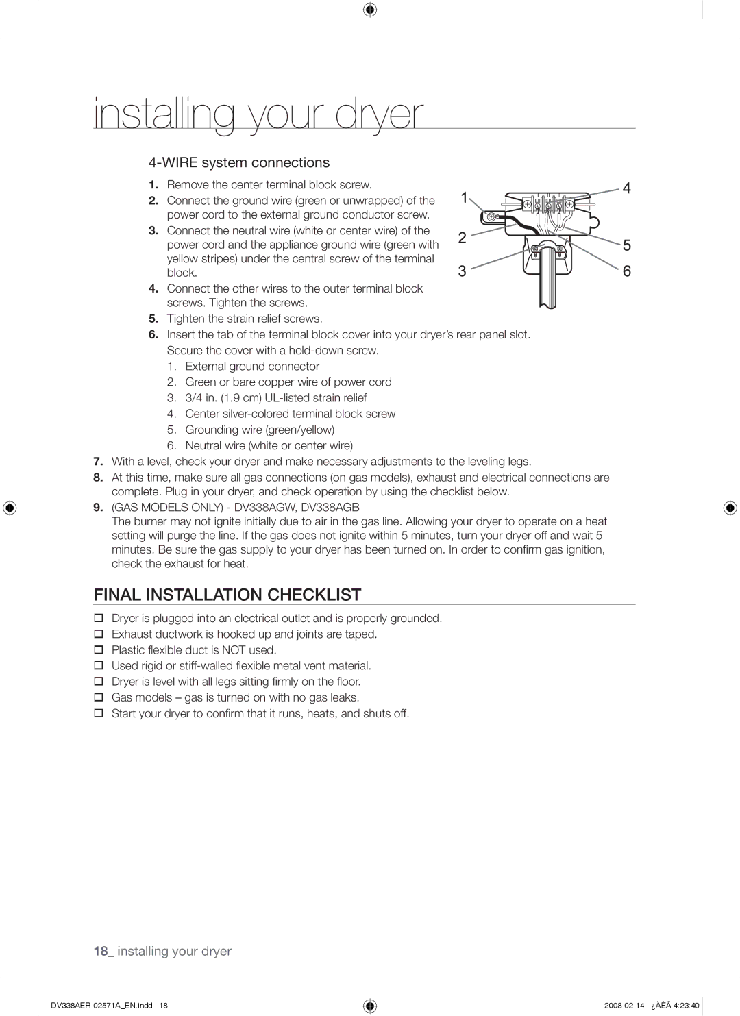 Samsung DV338AEW, DV338AGW user manual Final Installation Checklist, Remove the center terminal block screw 