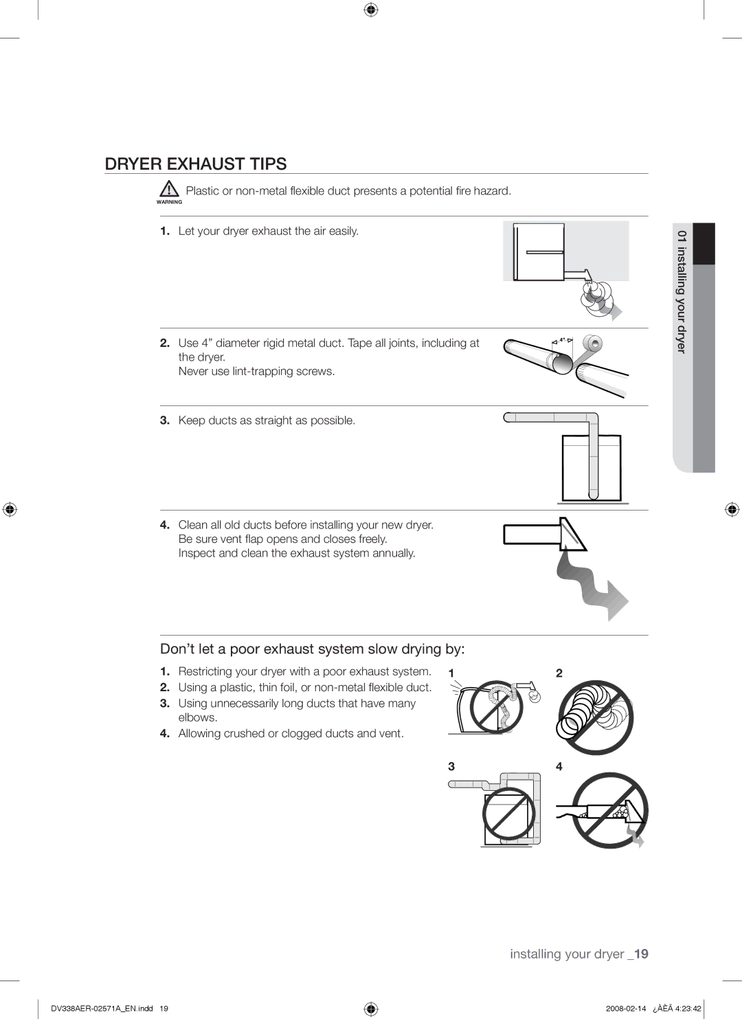 Samsung DV338AGW, DV338AEW user manual Dryer Exhaust Tips, Don’t let a poor exhaust system slow drying by 