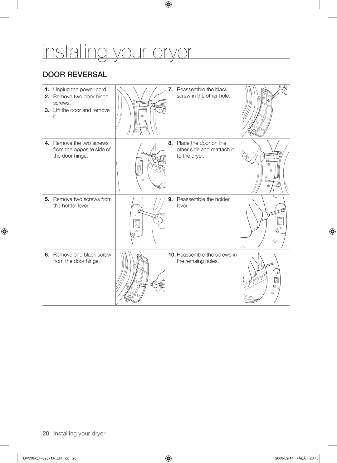 Samsung DV338AEW, DV338AGW user manual Door Reversal 