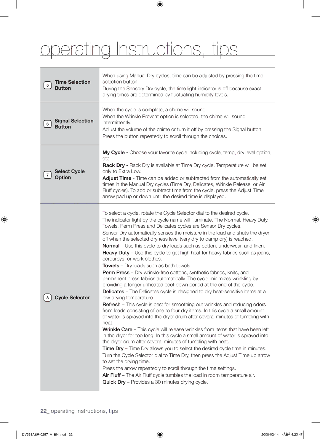 Samsung DV338AEW, DV338AGW user manual Time Selection Button, Signal Selection Button, Select Cycle Option 