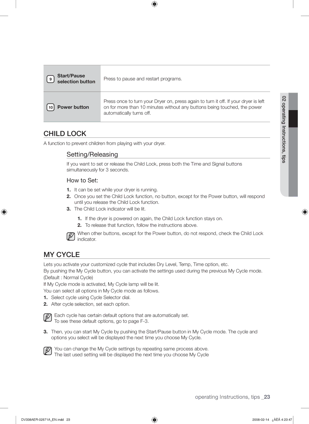 Samsung DV338AGW, DV338AEW user manual Child Lock, MY Cycle, Setting/Releasing, Start/Pause 