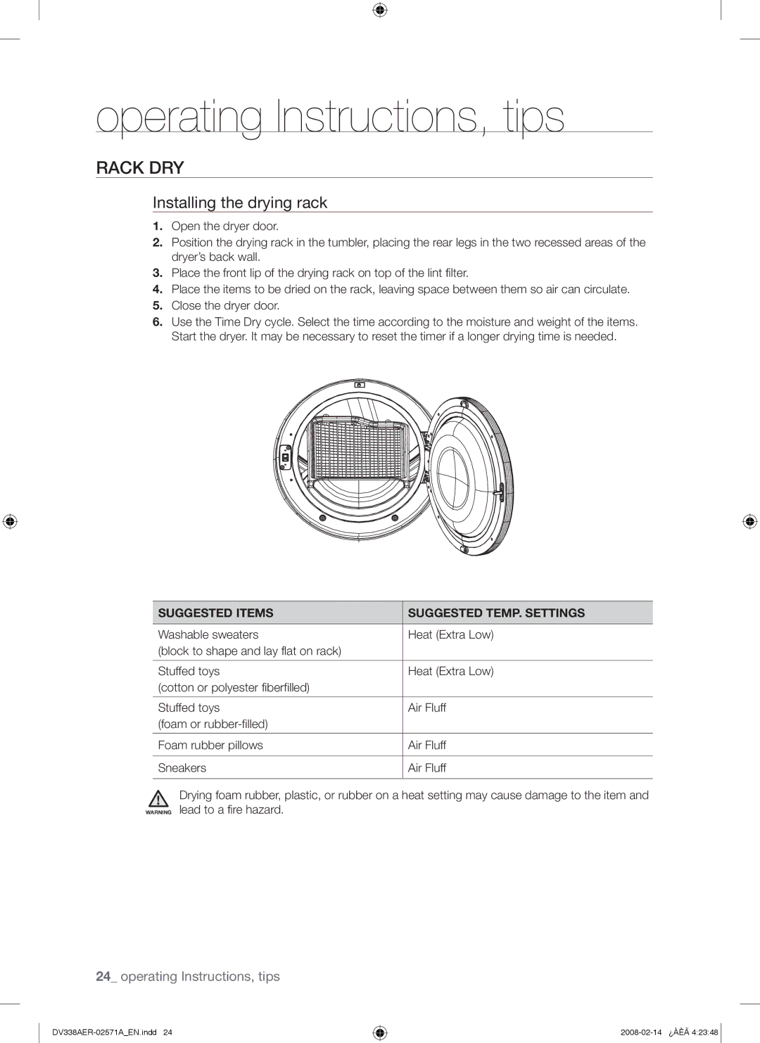 Samsung DV338AEW, DV338AGW user manual Rack DRY, Installing the drying rack, Suggested Items Suggested TEMP. Settings 