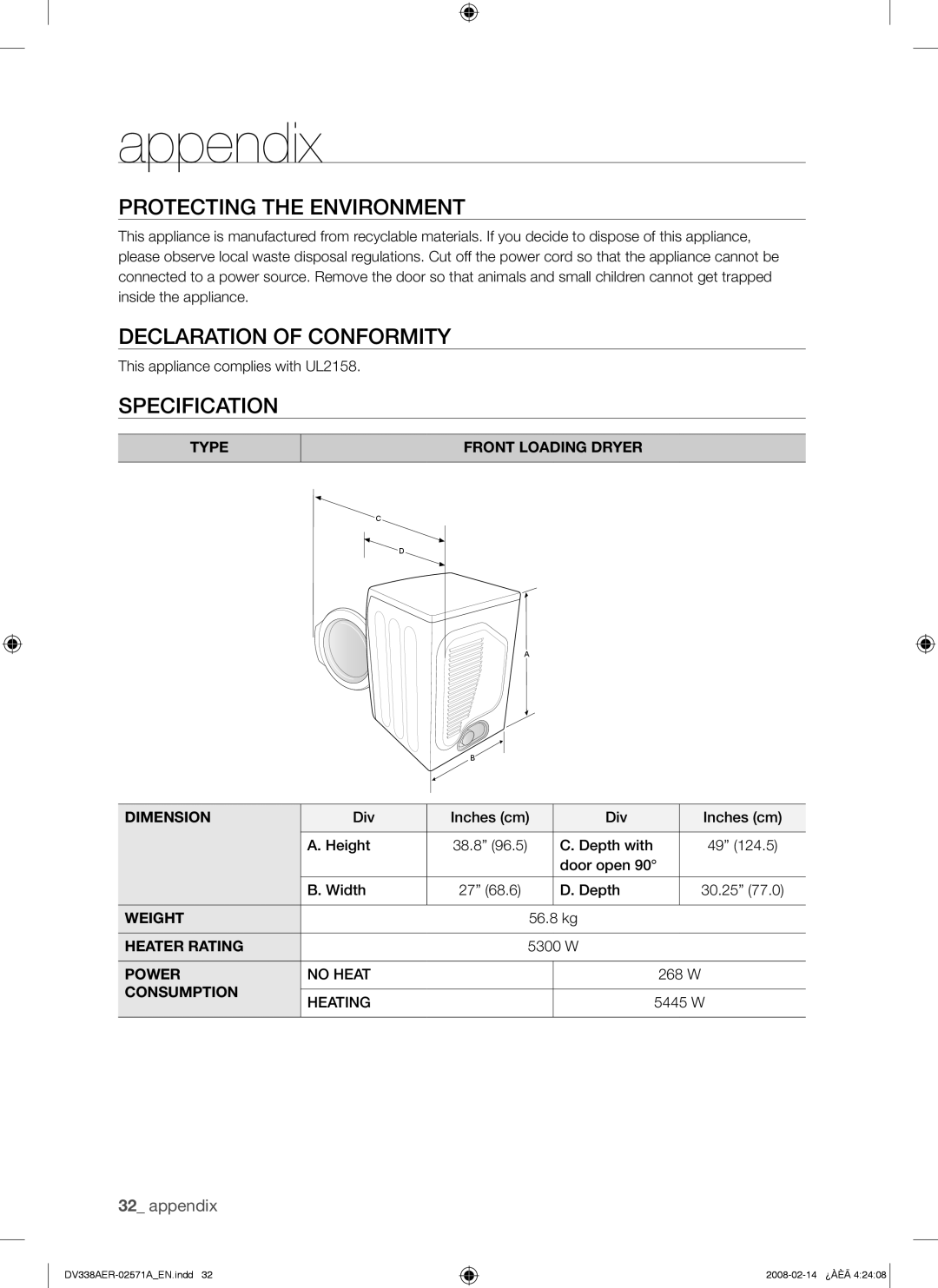 Samsung DV338AEW, DV338AGW user manual Protecting the Environment, Declaration of Conformity, Specification 