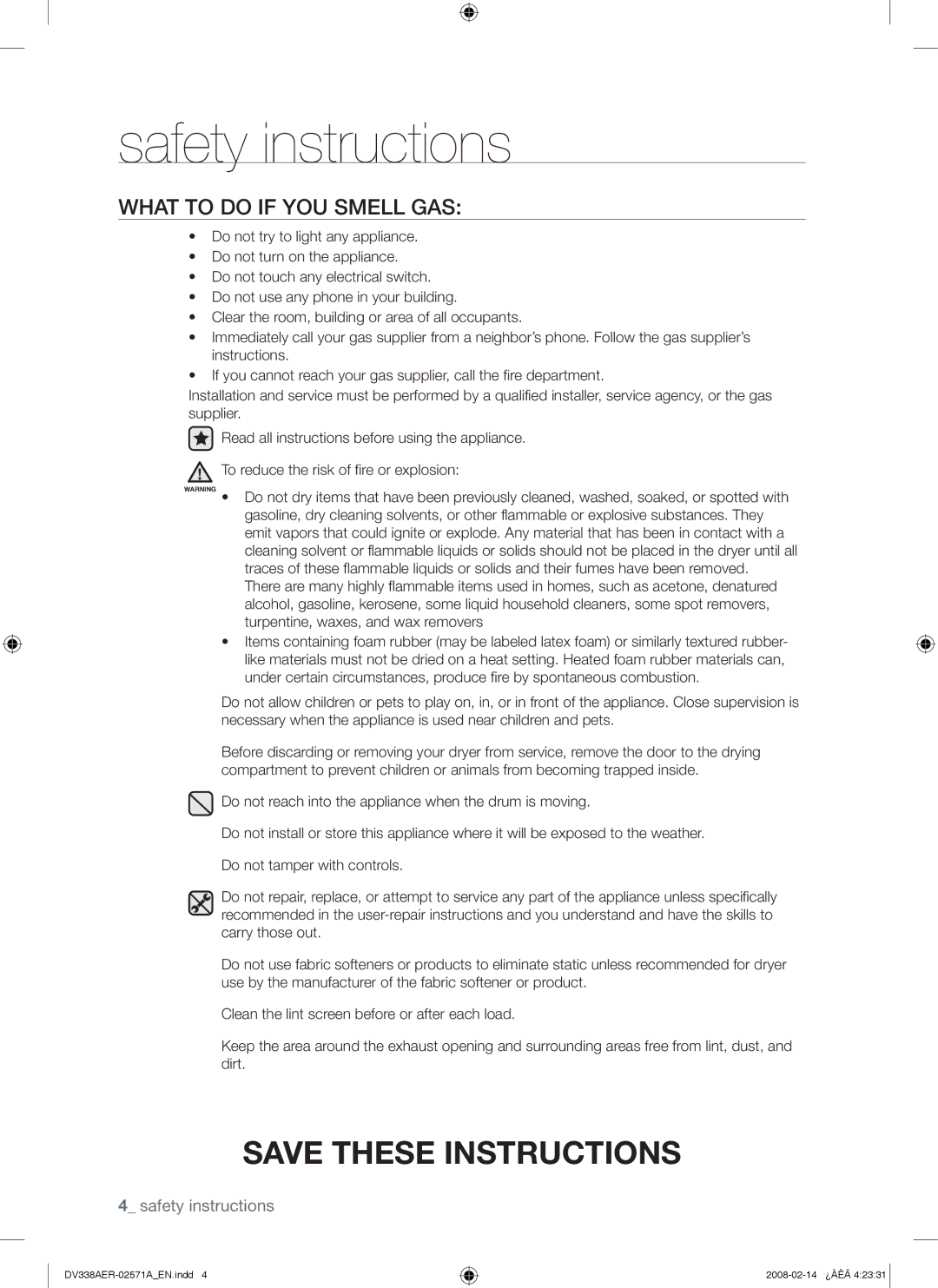 Samsung DV338AEW, DV338AGW user manual What to do if YOU Smell GAS 