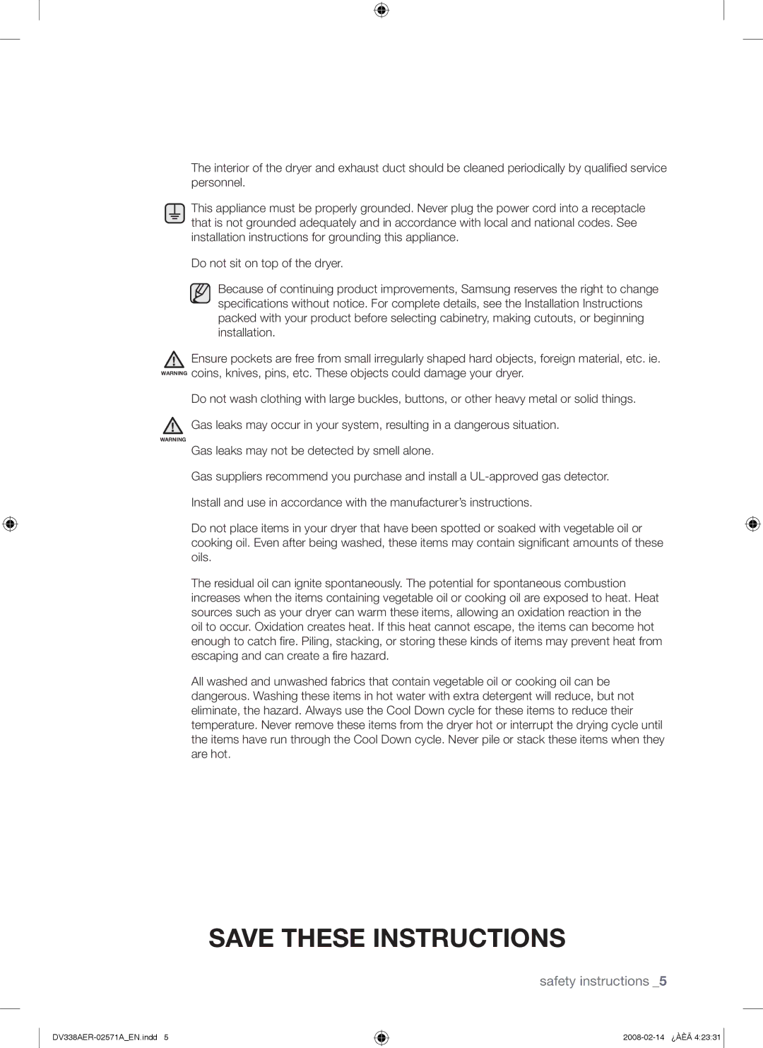 Samsung DV338AGW, DV338AEW user manual Safety instructions 