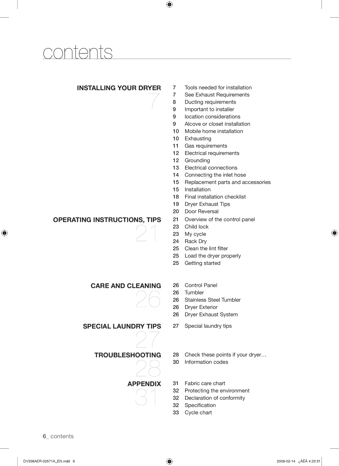 Samsung DV338AEW, DV338AGW user manual Contents 