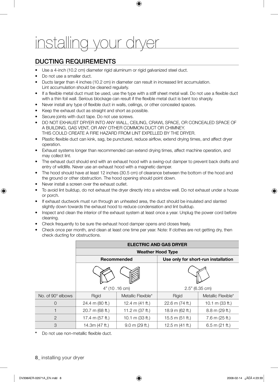 Samsung DV338AEW, DV338AGW user manual Ducting Requirements, Electric and GAS Dryer, Weather Hood Type 