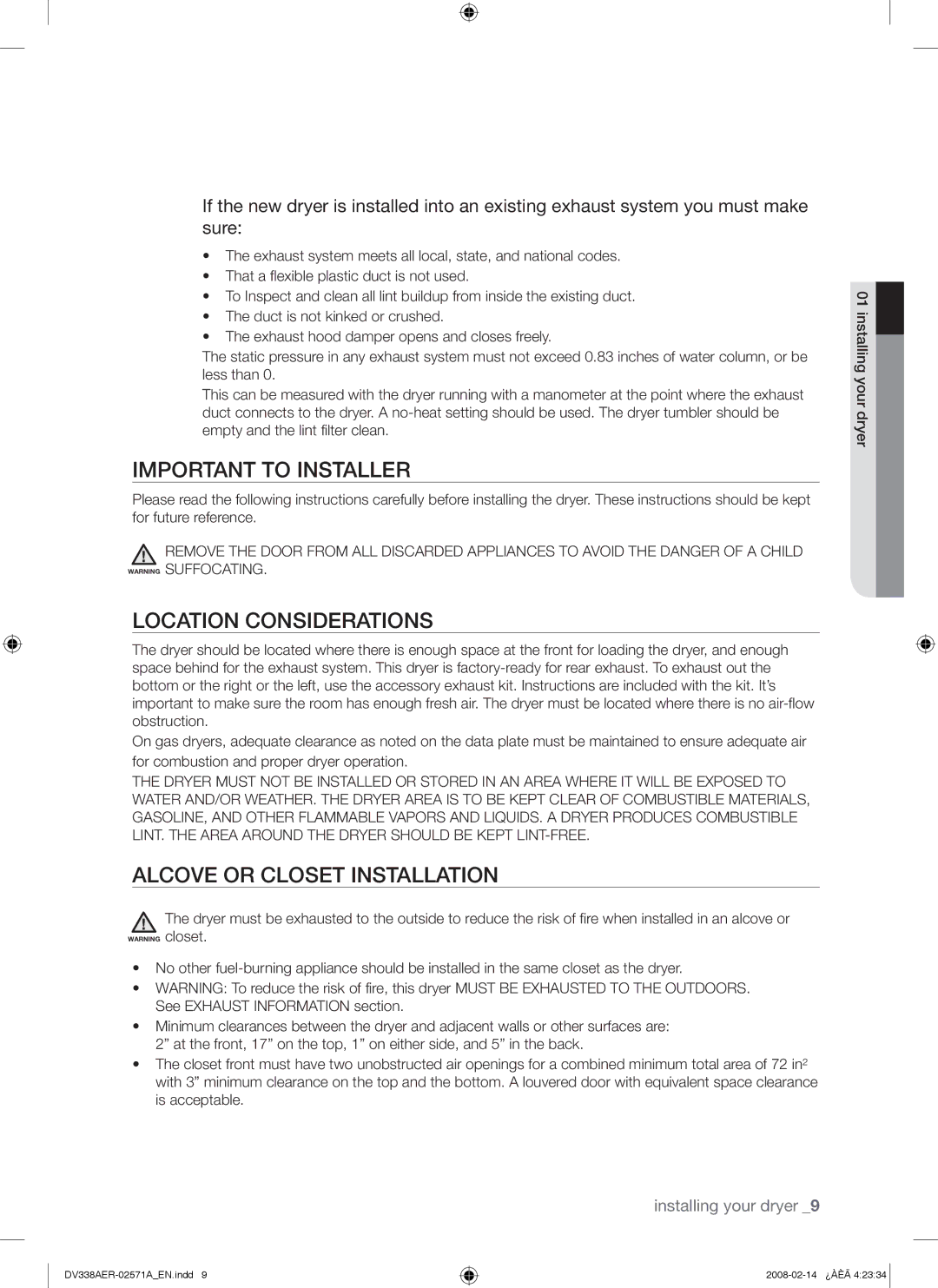 Samsung DV338AGW, DV338AEW user manual Important to Installer, Location Considerations, Alcove or Closet Installation 