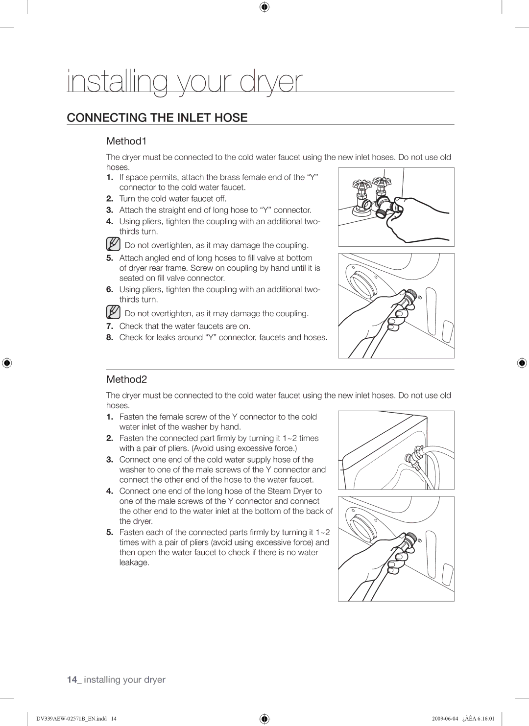 Samsung DV339AEW, DV339AE* user manual Connecting the Inlet Hose, Method1, Method2 