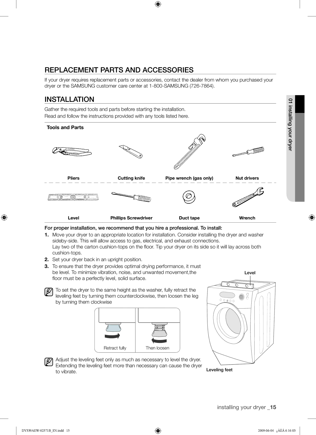 Samsung DV339AE*, DV339AEW user manual Replacement Parts and Accessories, Installation, Tools and Parts 