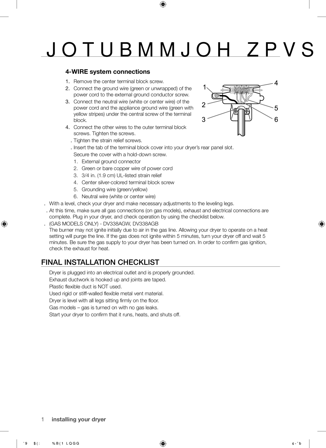 Samsung DV339AEW, DV339AE* user manual Final Installation Checklist, Remove the center terminal block screw 