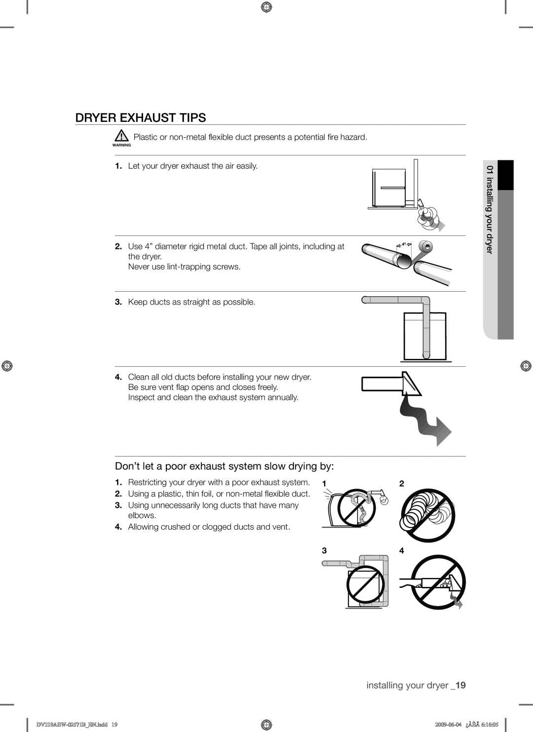 Samsung DV339AE*, DV339AEW user manual Dryer Exhaust Tips, Don’t let a poor exhaust system slow drying by 