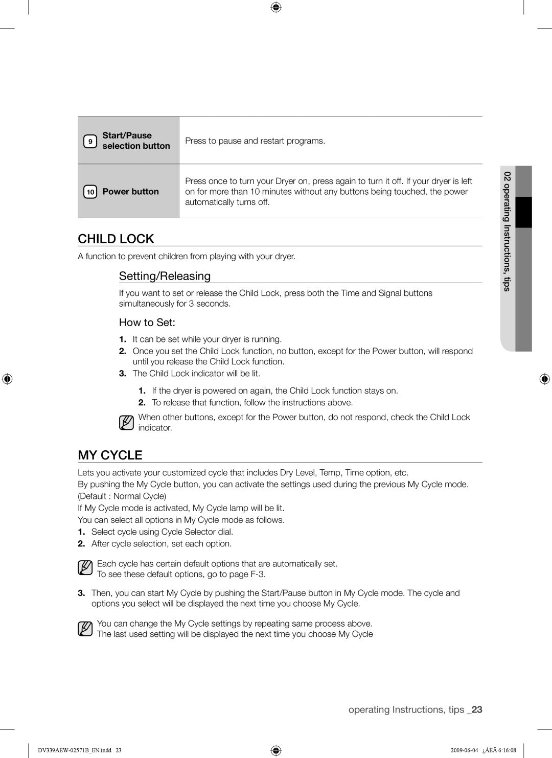 Samsung DV339AE*, DV339AEW user manual Child Lock, MY Cycle, Setting/Releasing, How to Set, Start/Pause 