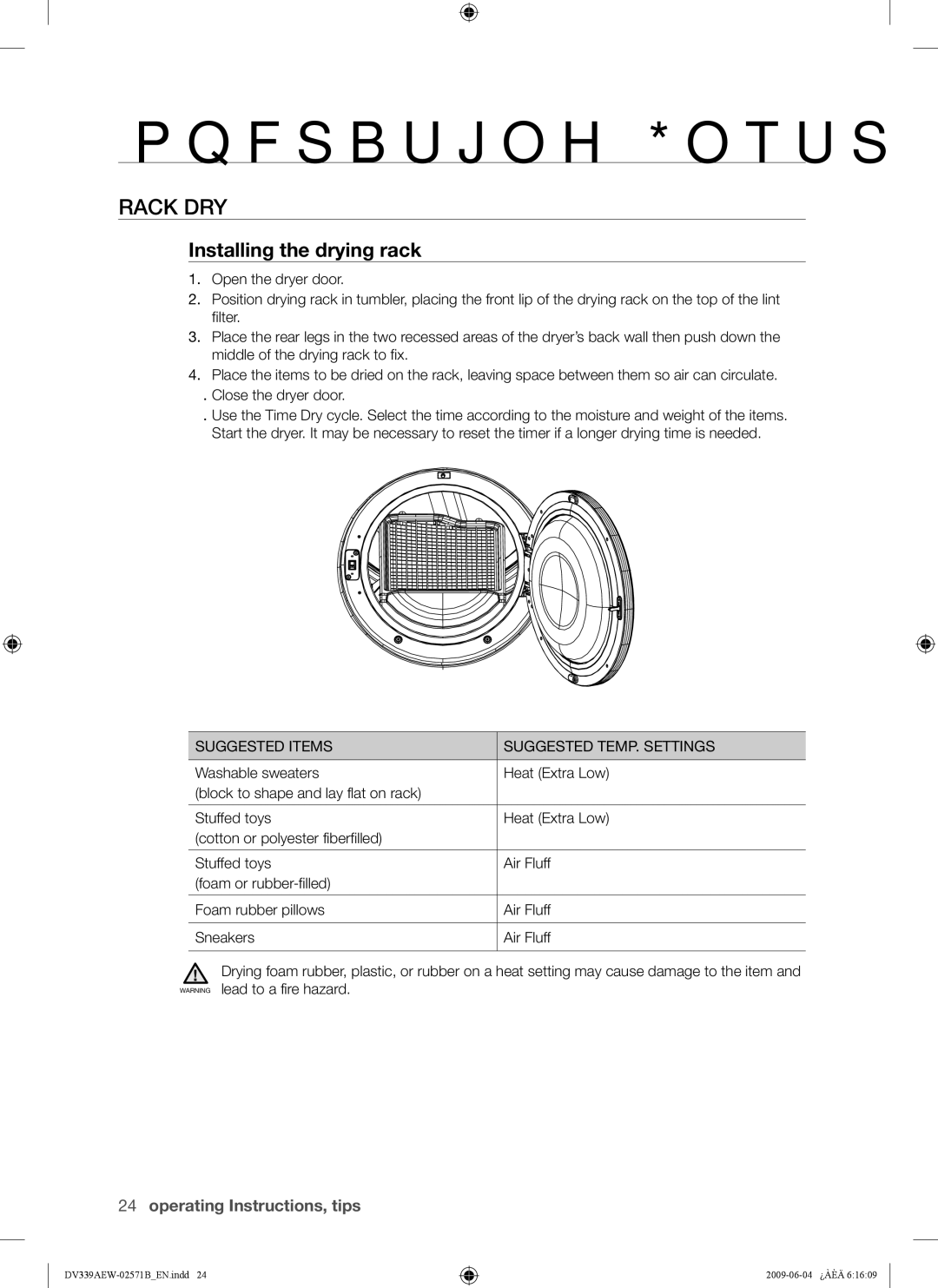 Samsung DV339AEW, DV339AE* user manual Rack DRY, Installing the drying rack, Suggested Items Suggested TEMP. Settings 