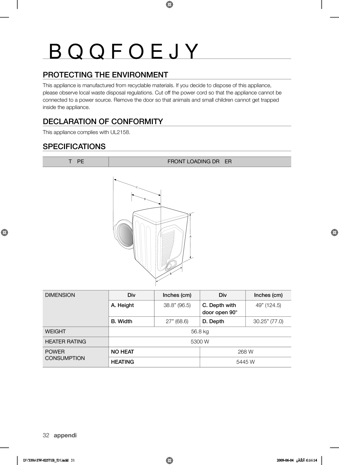 Samsung DV339AEW, DV339AE* user manual Protecting the Environment, Declaration of Conformity, Specifications 