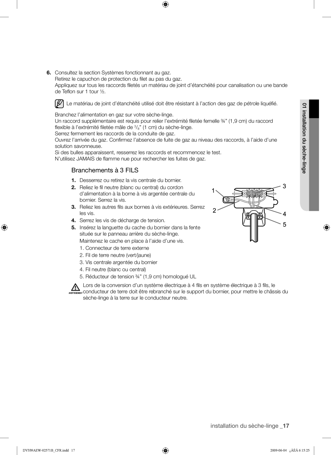 Samsung DV339AE*, DV339AEW user manual Branchements à 3 Fils 