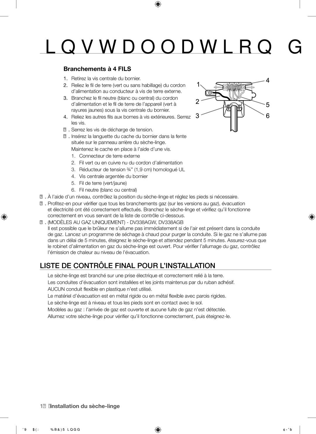 Samsung DV339AEW, DV339AE* user manual Liste DE Contrôle Final Pour L’INSTALLATION, Branchements à 4 Fils 