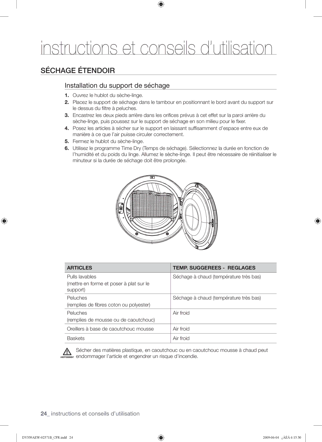 Samsung DV339AEW, DV339AE* Séchage Étendoir, Installation du support de séchage, Articles TEMP. Suggerees Reglages 