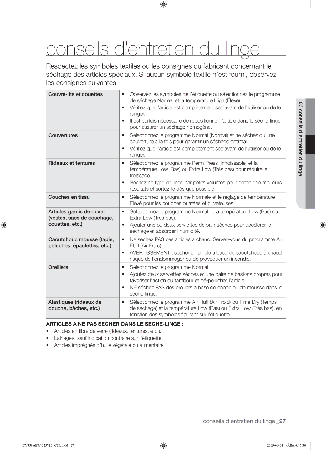 Samsung DV339AE*, DV339AEW user manual Conseils d’entretien du linge, Articles a NE PAS Secher Dans LE SECHE-LINGE 