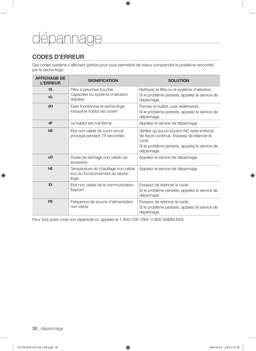 Samsung DV339AEW, DV339AE* user manual Codes D’ERREUR, Affichage DE Signification Solution ’ERREUR 