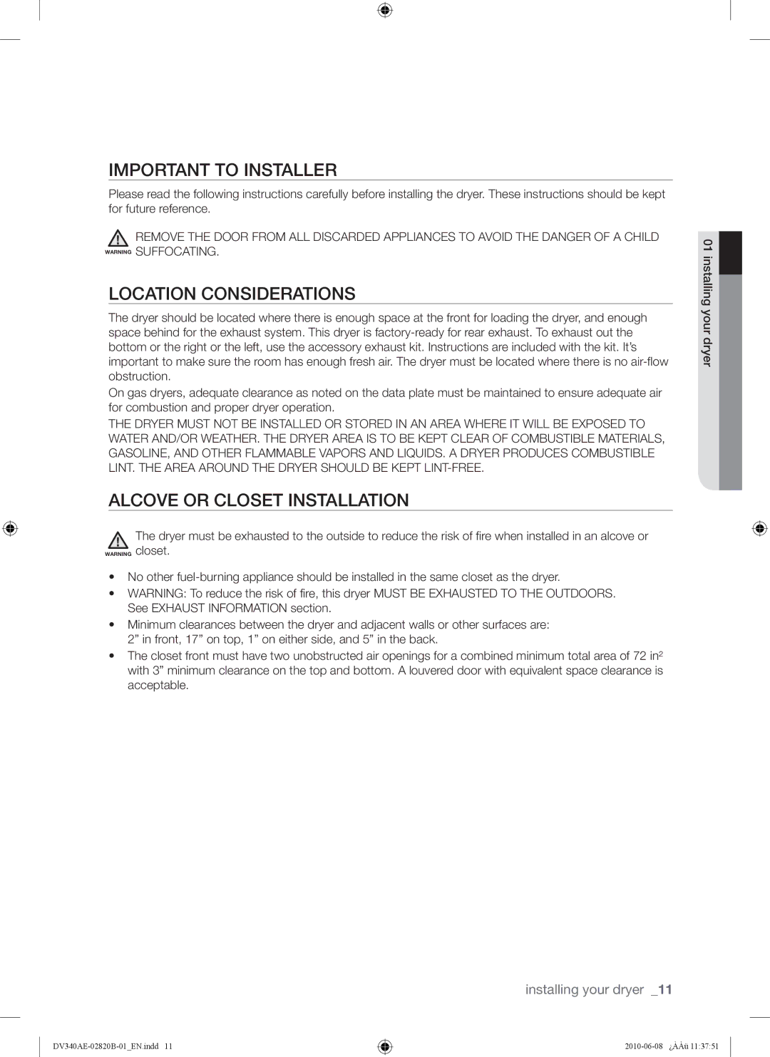 Samsung DV340AER user manual Important to Installer, Location Considerations, Alcove or Closet Installation 