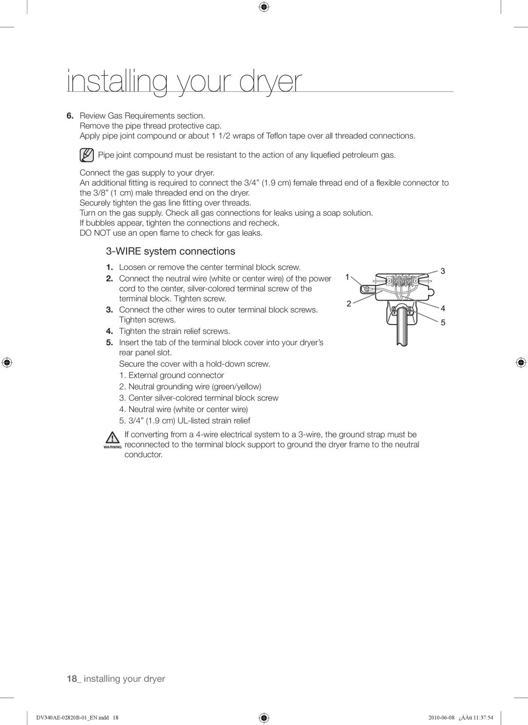 Samsung DV340AER user manual Wire system connections 