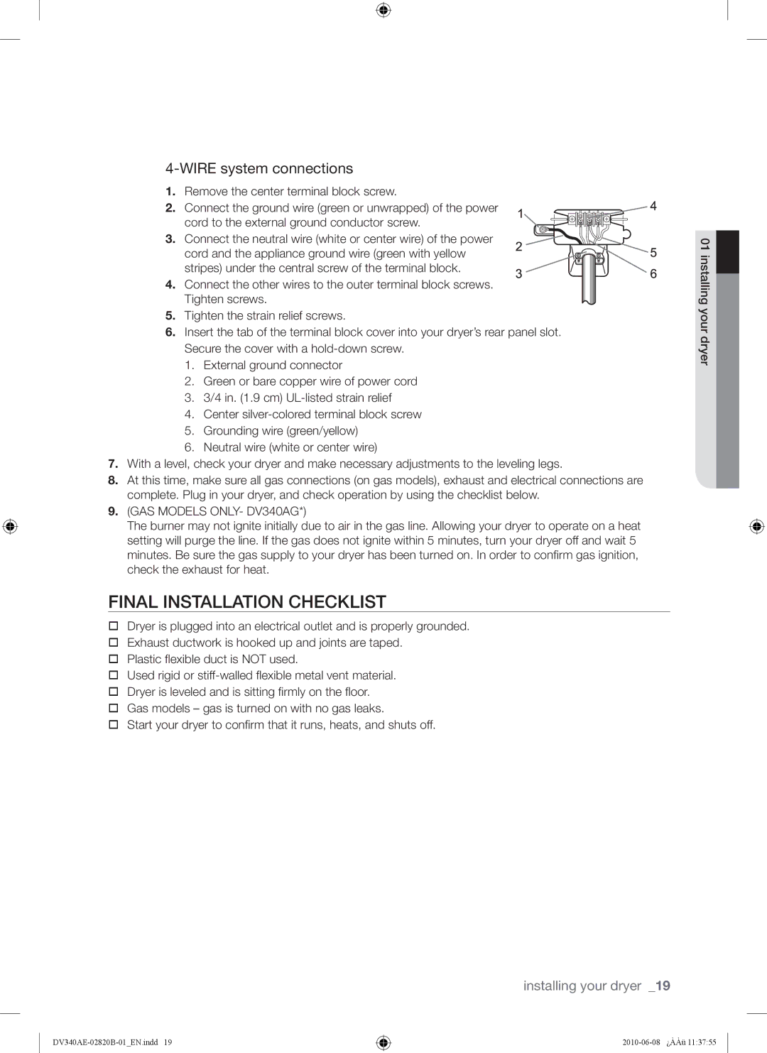 Samsung DV340AER user manual Final Installation Checklist, GAS Models ONLY- DV340AG 