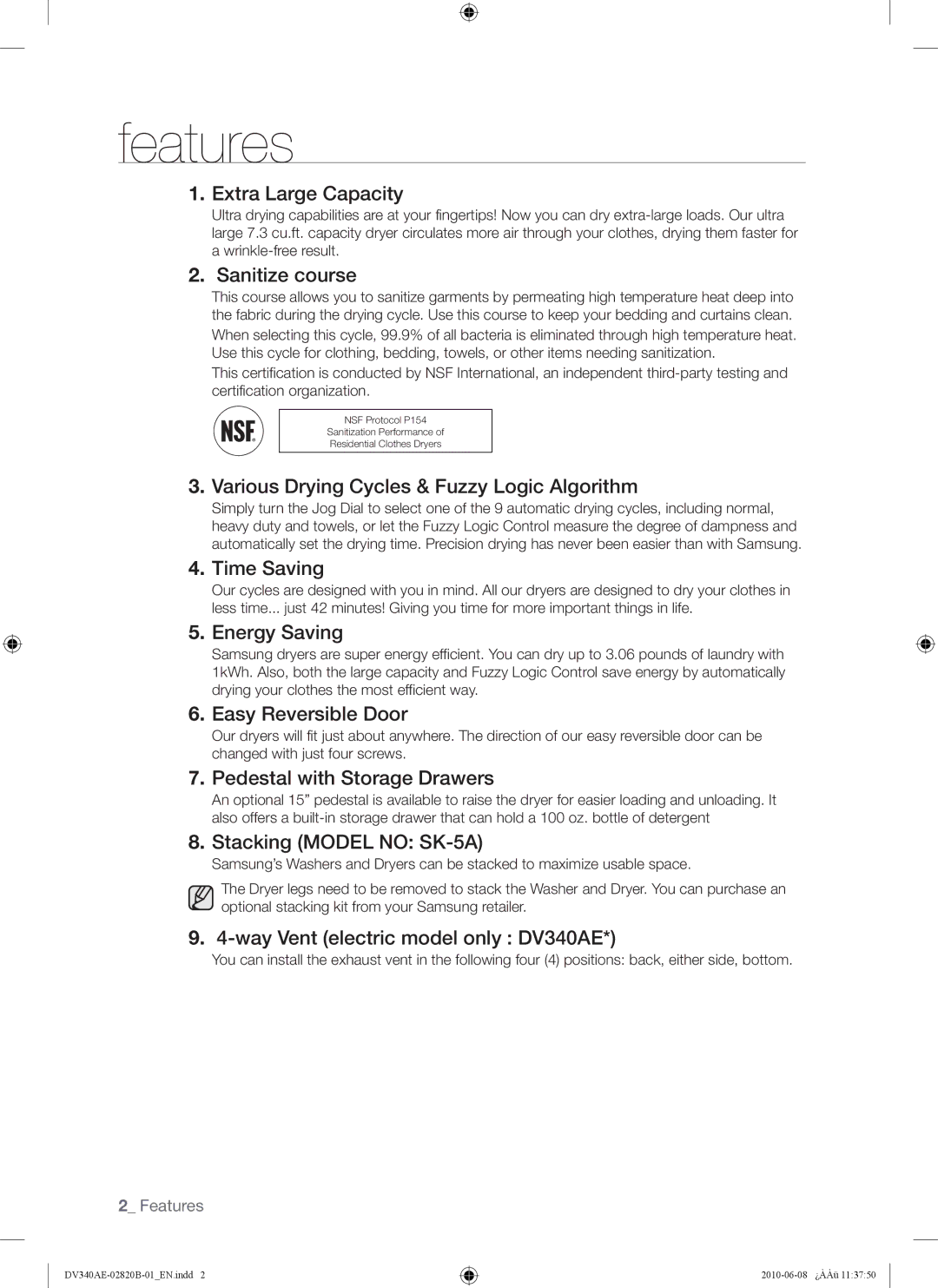 Samsung DV340AER user manual Features 