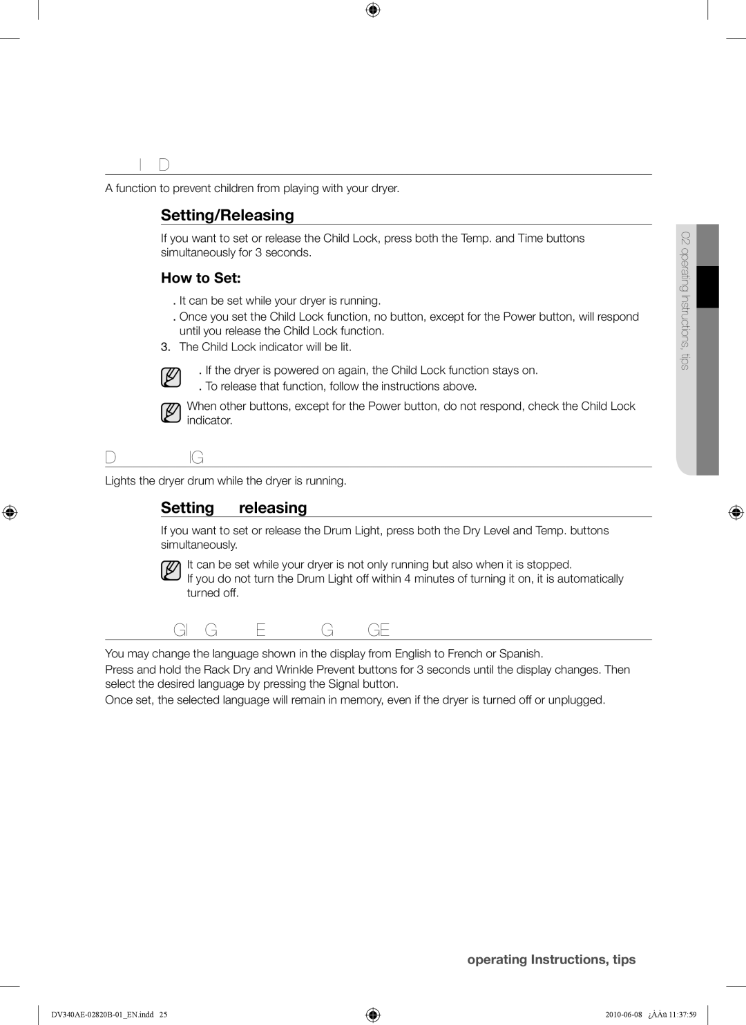 Samsung DV340AER user manual Child Lock, Drum Light, Changing the Language, Setting/Releasing, Setting & releasing 