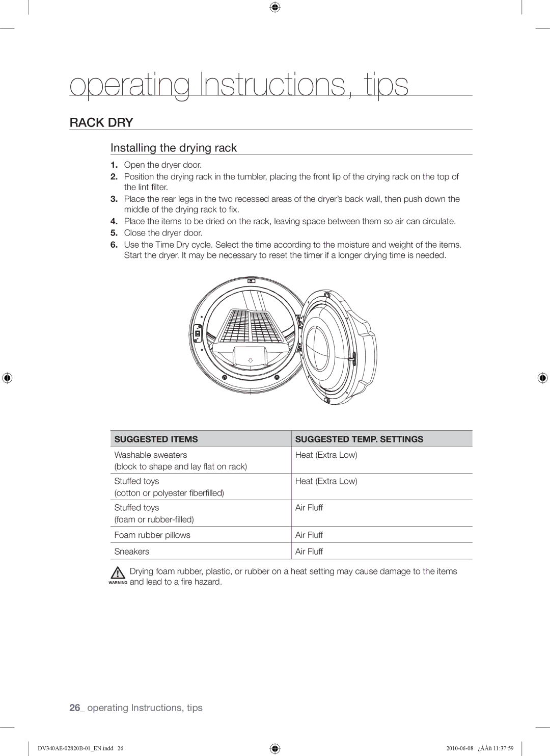 Samsung DV340AER user manual Rack DRY, Installing the drying rack, Suggested Items Suggested TEMP. Settings 