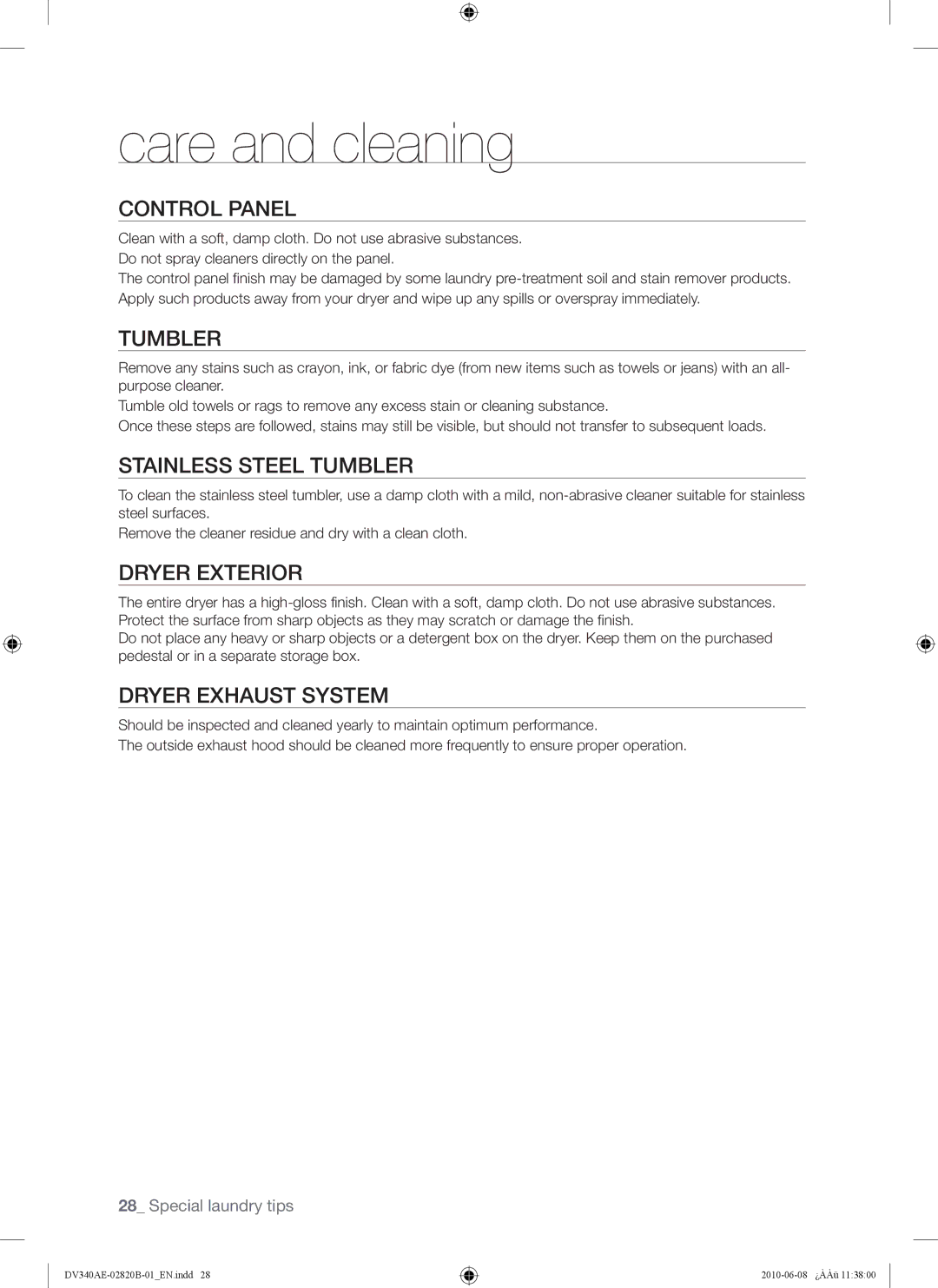 Samsung DV340AER user manual Care and cleaning 