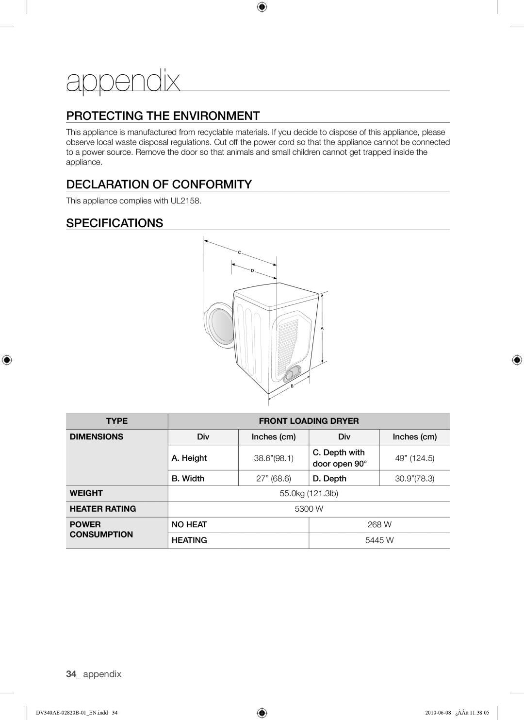 Samsung DV340AER user manual Protecting the Environment, Declaration of Conformity, Specifications 