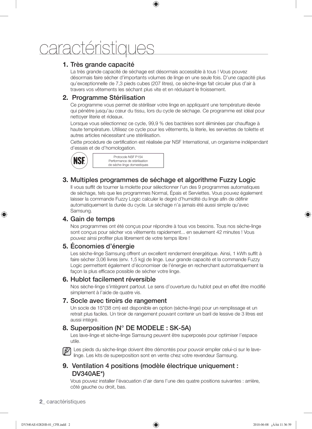 Samsung DV340AER user manual Caractéristiques 