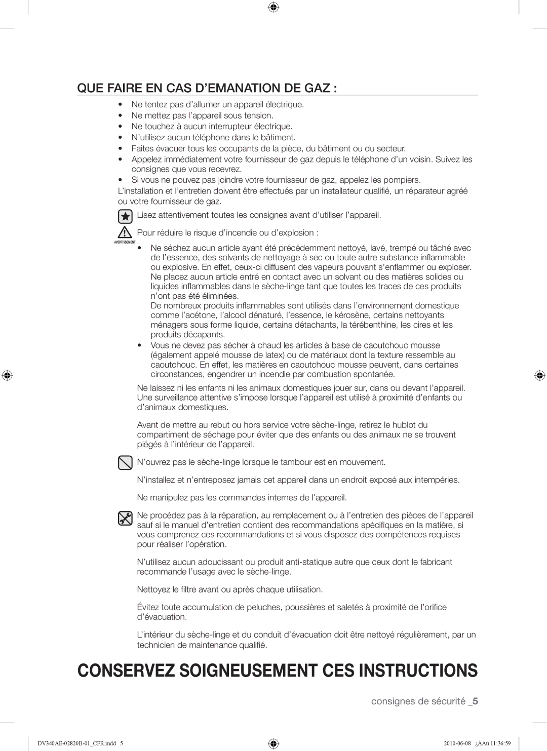 Samsung DV340AER user manual QUE Faire EN CAS D’EMANATION DE GAZ 