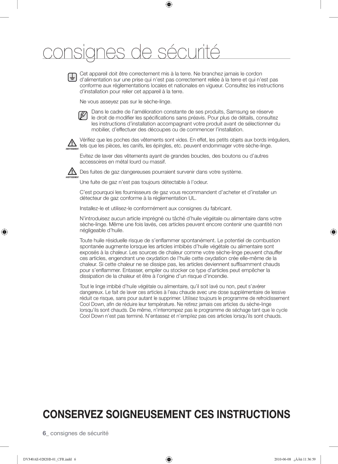 Samsung DV340AER user manual Avertissement 