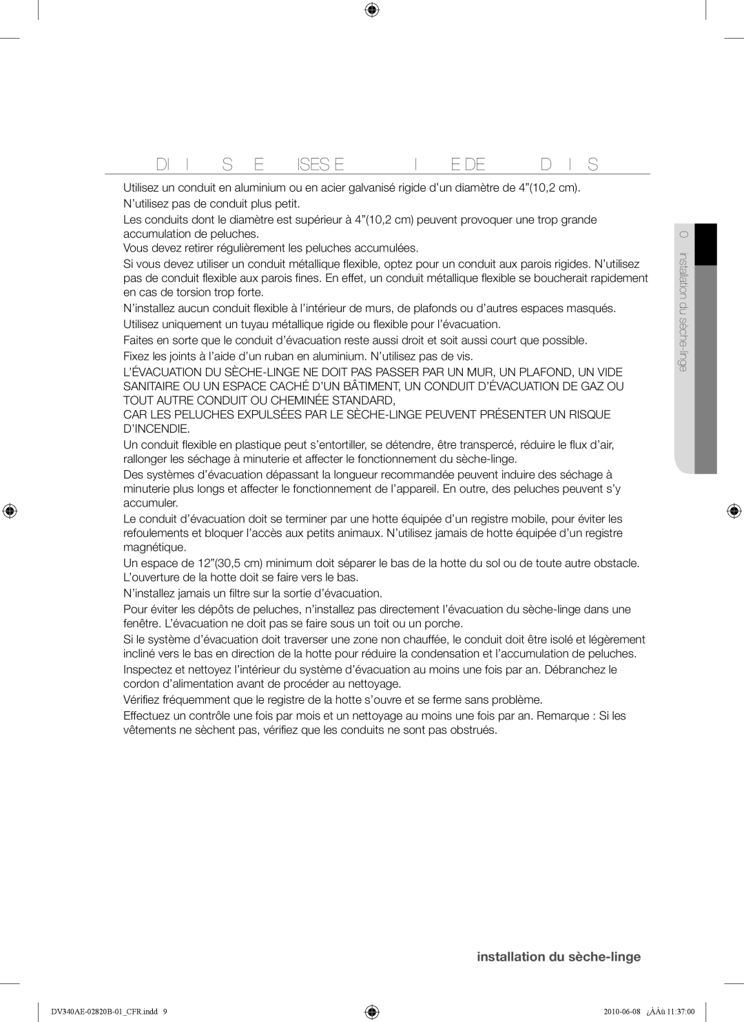 Samsung DV340AER user manual Conditions Requises EN Matière DE Conduits 